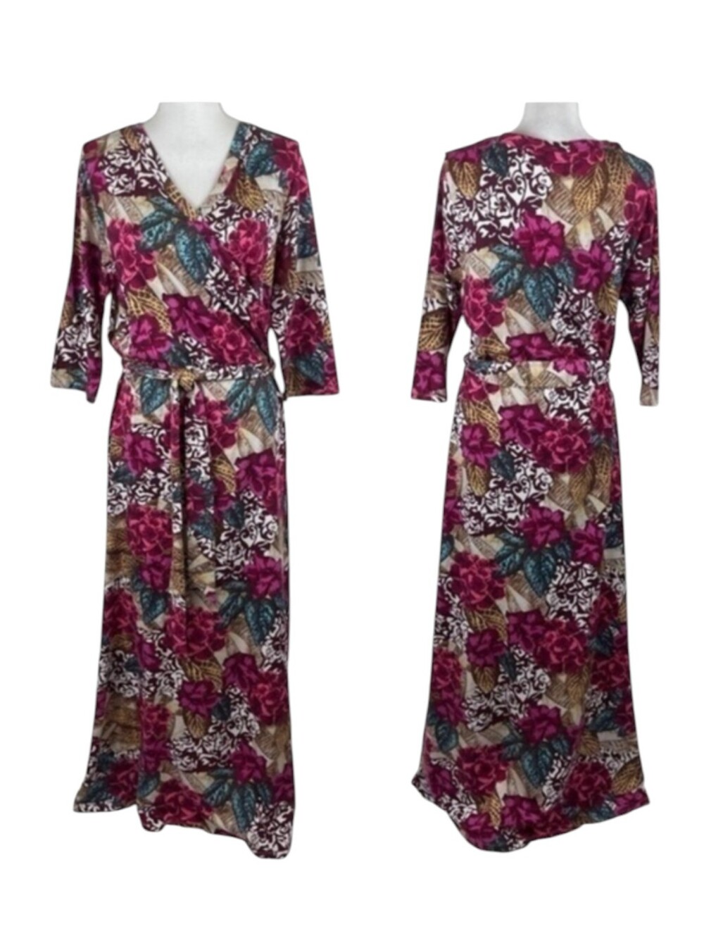 Soft Surroundings Floral Wrap Maxi Dress Soft Knit  Fuchsia, Teal/ Gold Sz M